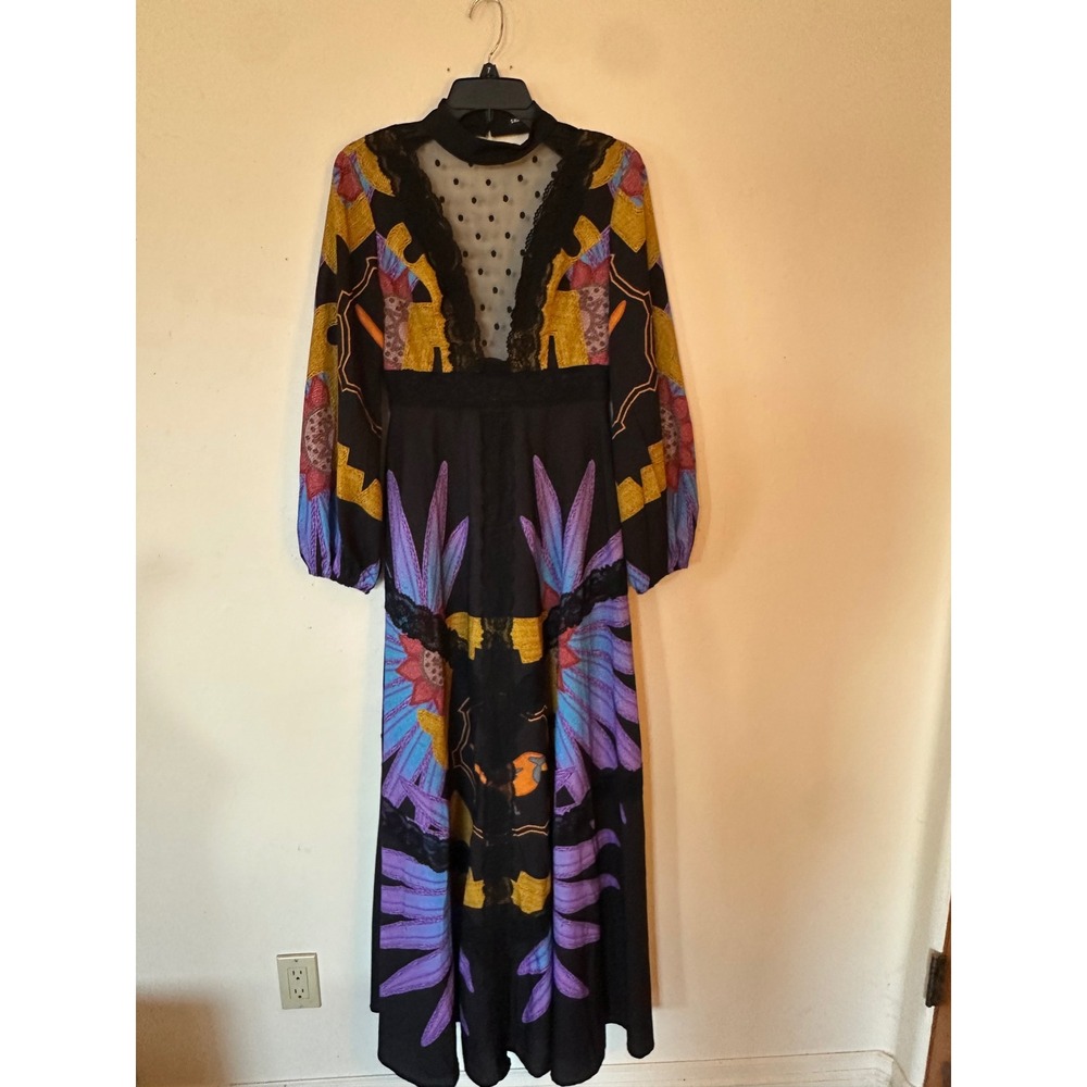 SHEIN X Maxi Dress Black Eclectic Print Lace Mesh Polka Dot Long Sleeve Small